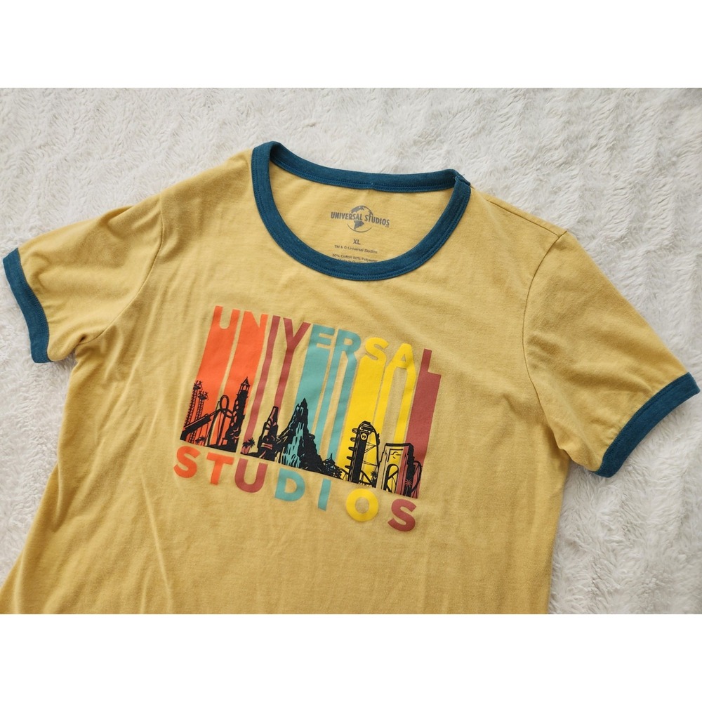 Universal Studios Theme Park T-Shirt Womens XL Yellow Blue Ringer Short...